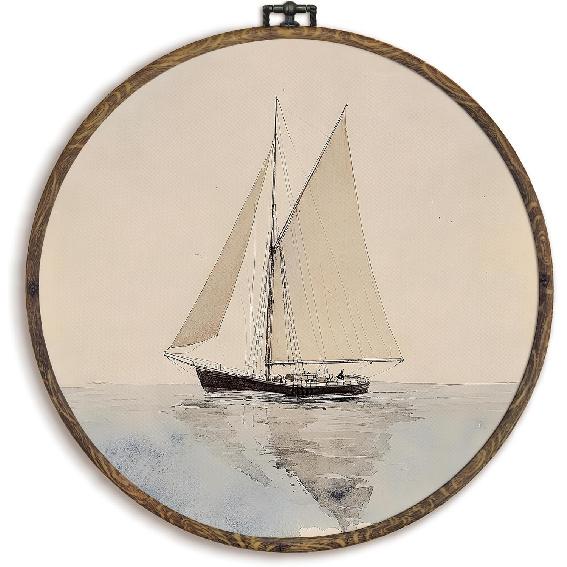 KFXHANGD Vintage Seashell Round Wall Art Framed, Coastal Shell Canvas Wall Art Decor, Coastal Sea Shells Hanging Decor for Bathroom Bedroom,