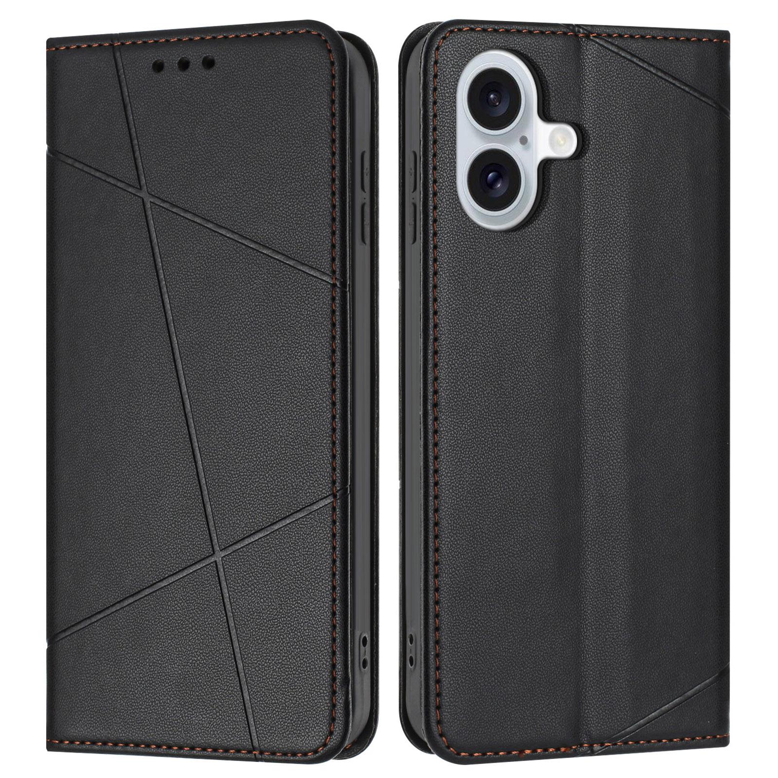 

For iPhone 17 Wallet Case Line Imprinted Leather Stand Phone Cover with Wrist Strap Black