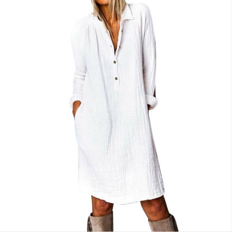 Fashion Casual Simple Long Sleeved Women Dress Spring Summer Plus Size Office Party Elegant Loose Solid Color Dresses Female Buttons Women's Clothing