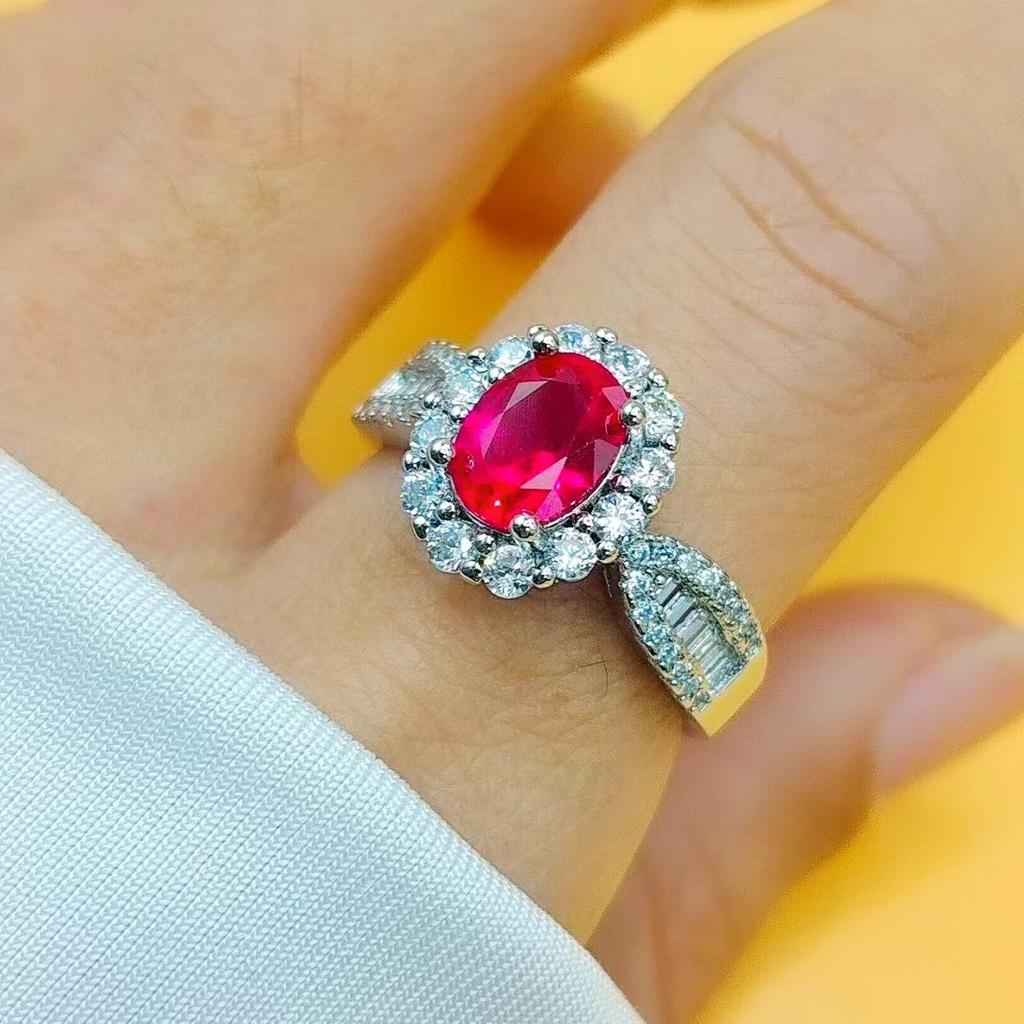 New Red Corundum Open Ring: Women's Trendy Full Diamond High-Texture Ruby Gem Ring