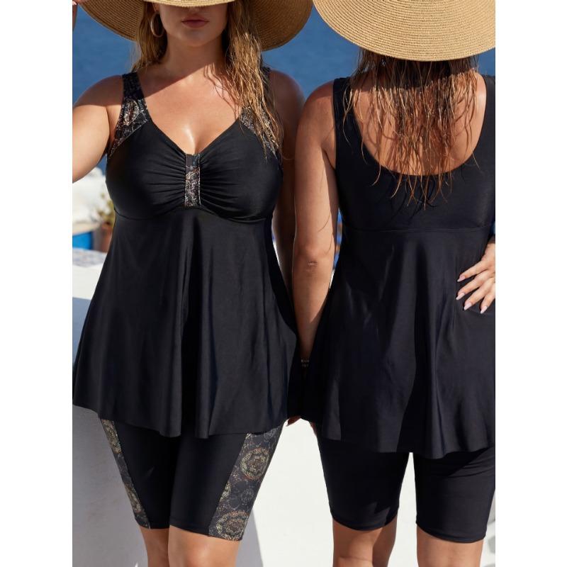 Plus Size Women S Two Piece Tankini Swimwear Black Print