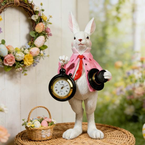 Easter Bunny Clock Decor Resin Rabbit Figurine with Top Hat And Pocket Watch Spring Vintage Bunny Statue for Desk Shelf Home Decor