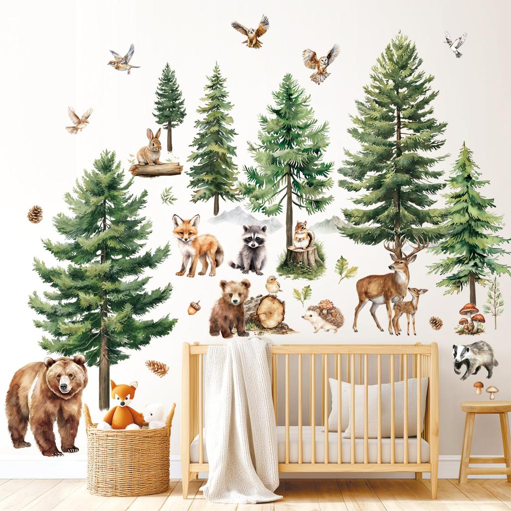 DECOWALL Watercolor Forest Animals Wall Stickers with and Tree Design for and Removable DIY Wall Decor for and Infants Bear, Deer, Fox, Kids' Rooms,