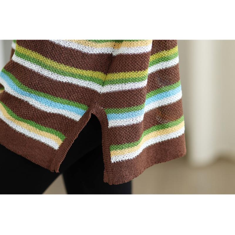 Dimanaf 2025 Summer Plus Size T-Shirt Knitting V-Neck Stripe Vintage Women Sleeveless Loose Tops Tees