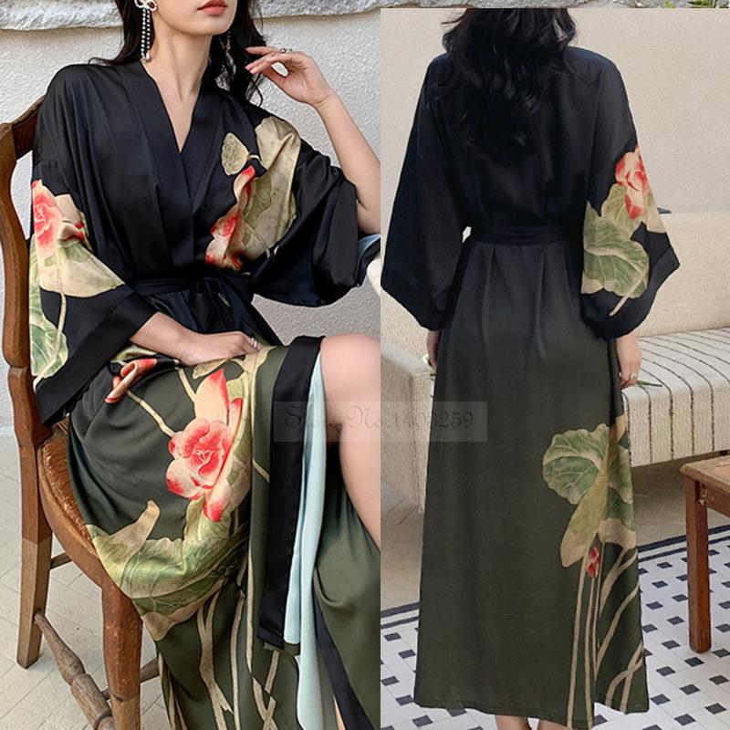Spring Summer Long Robe Nightgown Sexy Print Flower Bathrobe Gown Casual Silk Satin Home Dress Lounge Wear
