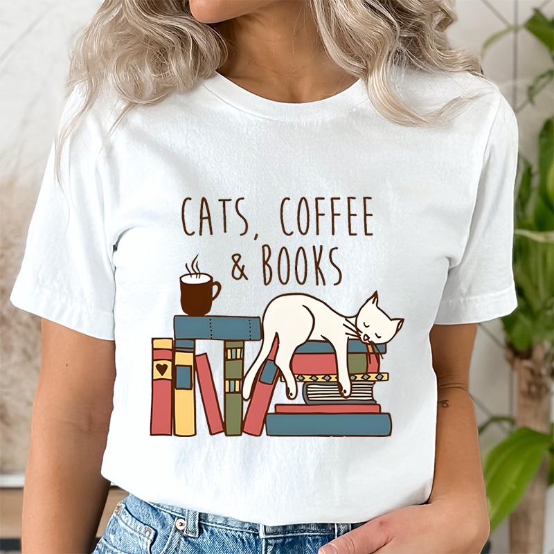 Cats Coffee Books Women Cute Bookworm TShirts Funny Book Lover T Shirt Vintage Reading Graphic Tees Female Bookish Tops Tshirt