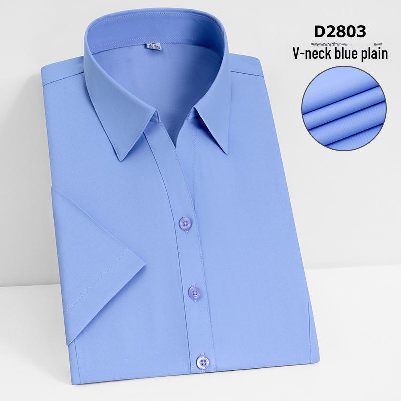 Camisa Social Feminina Slim Fit de Manga Curta - Branca com Listras Azuis, Sem Ferro, Gola V.