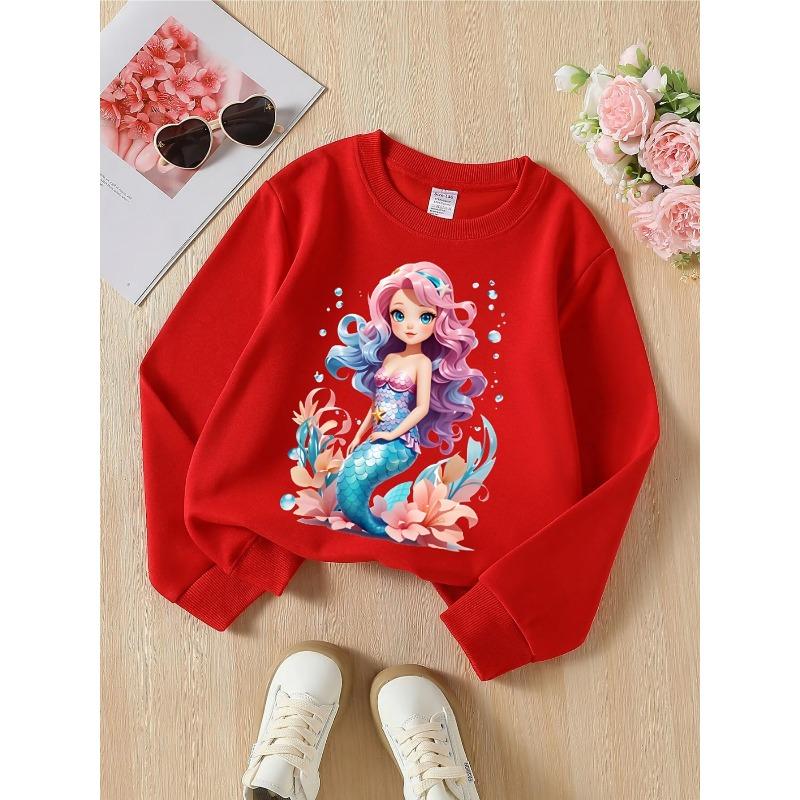 European Sizes Kids' Crewneck Sweatshirt - Mermaid with Pink Hair And Blue Tail , Sportswear And Casual Wear, Soft And Comfortable