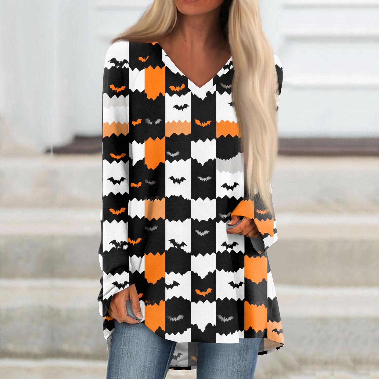 

Ladies Fashionable And Casual Halloween Printed T-shirt Long Sleeved V-neck Mid Length Top L білий