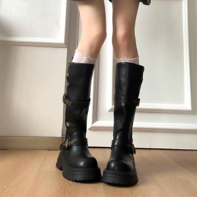 Mode Herbst Winter Plateau Dicke Sohle Damen Kniehohe Stiefel Schuhe Damen Elegant Gürtelschnalle Western Cowboy Botas