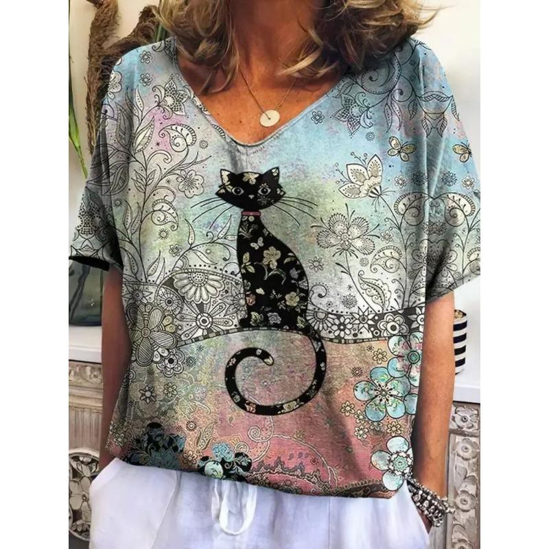 Women's V-neck Short-sleeved T-shirt with Cute Kitten Print