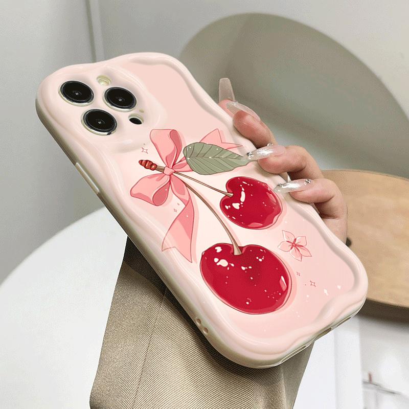 Pink Bowknot Cherry Pattern Cream Wave Phone Case For iPhone 11 12 13 14 15 16 Pro Plus 17 Pro Max 16e 17e Shockproof Soft Cover