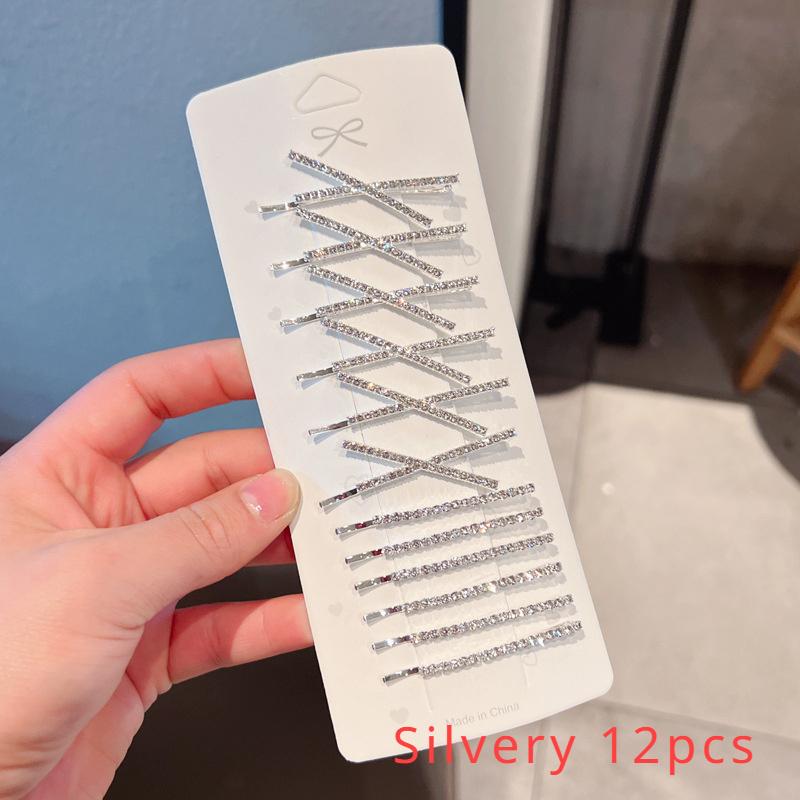 

12-Piece Rhinestone Hair Clips Set, Minimalist Sweet Style, Alloy Material, Solid Color, Cross-Shaped Hairpins for Girls