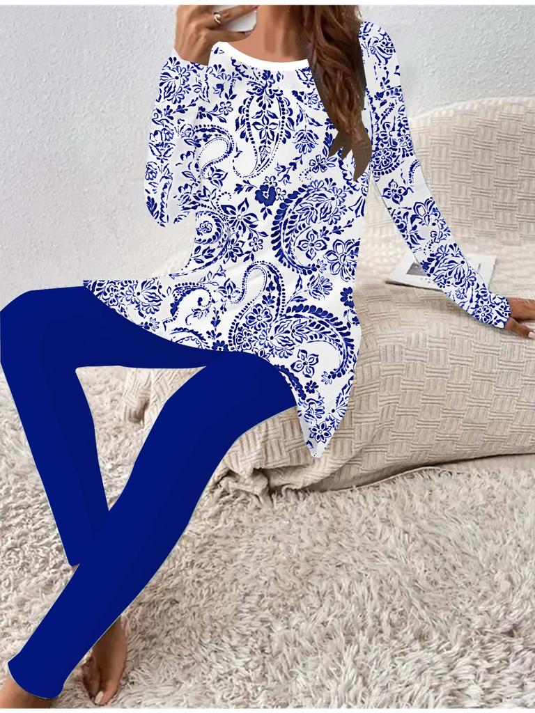 Euroamerikanische Mode 3D-Blumendruck Damen Vier-Jahreszeiten Langarm-T-Shirt + Lange Hose Zweiteiliges Set. Perfektes Geschenk für Neujahr & Weihnachten