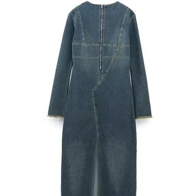 Blue Straight Denim Maxi Dress For Woman Elegant Split Long Sleeve Loose Long Dresses 2023 Spring Ladies Streetwear Dress