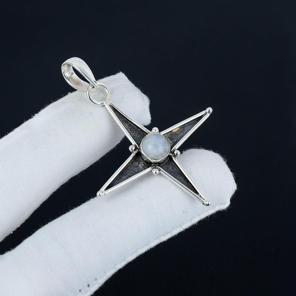 Ciondolo in Argento Sterling 925 con Pietra di Luna Arcobaleno - Design Stella Fatto a Mano, Gioiello da Indossare Tutti i Giorni, Ciondolo con Design Unico Regalo