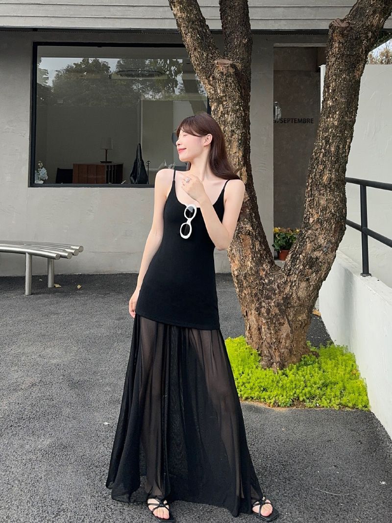 

* Human cotton splicing mesh yarn, Korean version waist feeling mopping long dress design sense mesh splicing suspender dress S чёрный