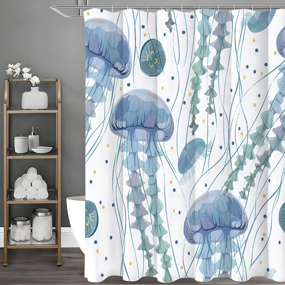 Watercolor Blue Jellyfish Shower Curtain, Bathroom Decorative Shower Curtain, Waterproof Shower Curtain with Hooks