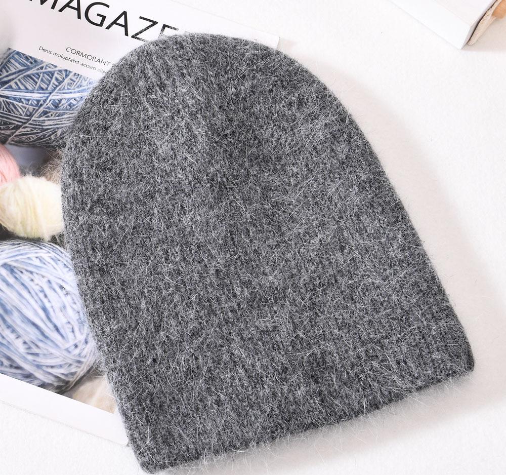 Angora Rabbit Fur Winter Woman Hat Cashmere Skullies Beanies Soft Solid Warm Fluffy Thick Sequins Knitted Hat Gift Wholesale