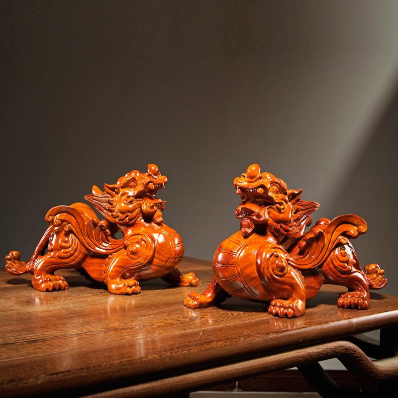 2pcs Pixiu Sculpture Solid Wood Decor Office Desktop Lucky Money Home Living Room TV Cabinet Ornaments Decor Crafts Gift