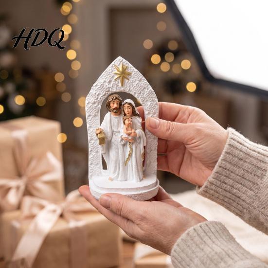 Holy Family Christmas Decor Religious Figurine Resin Sculpture of Mary Joseph & Tabletop Figurine Baby Jesus Hand-Painted Christian for Home,