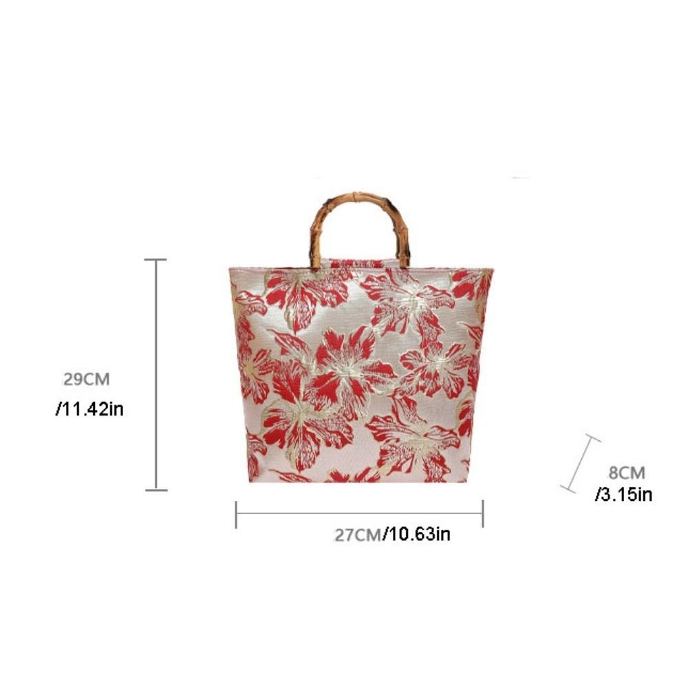 Borsa Tote Jacquard in Tela Chegsam Accessori Manico con Giunzione in Bambù Borsa a Mano Stile Cinese Grande Capacità Chiusura con Zip