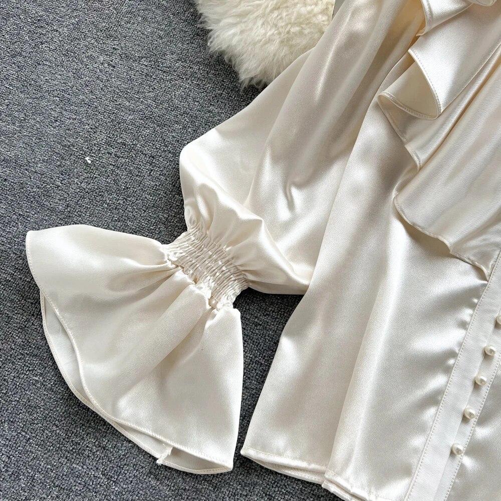 Satin Loose Shirt Long Flared Sleeves Ruffles O Neck Beading  Women Gentle Office Lady Casual Blouse