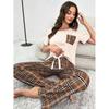 Sommer lässiger Stil Damen Loungewear gestrickte Baumwolle Karomuster Taschen kurze Ärmel Hose Pyjama Anzug Damen