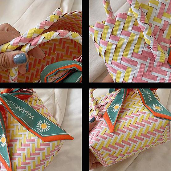 Handgewebte Gemüsekorbtasche für Damen aus umweltfreundlichem Material, Strohtasche, bunte kleine Einkaufshandtasche für Damen