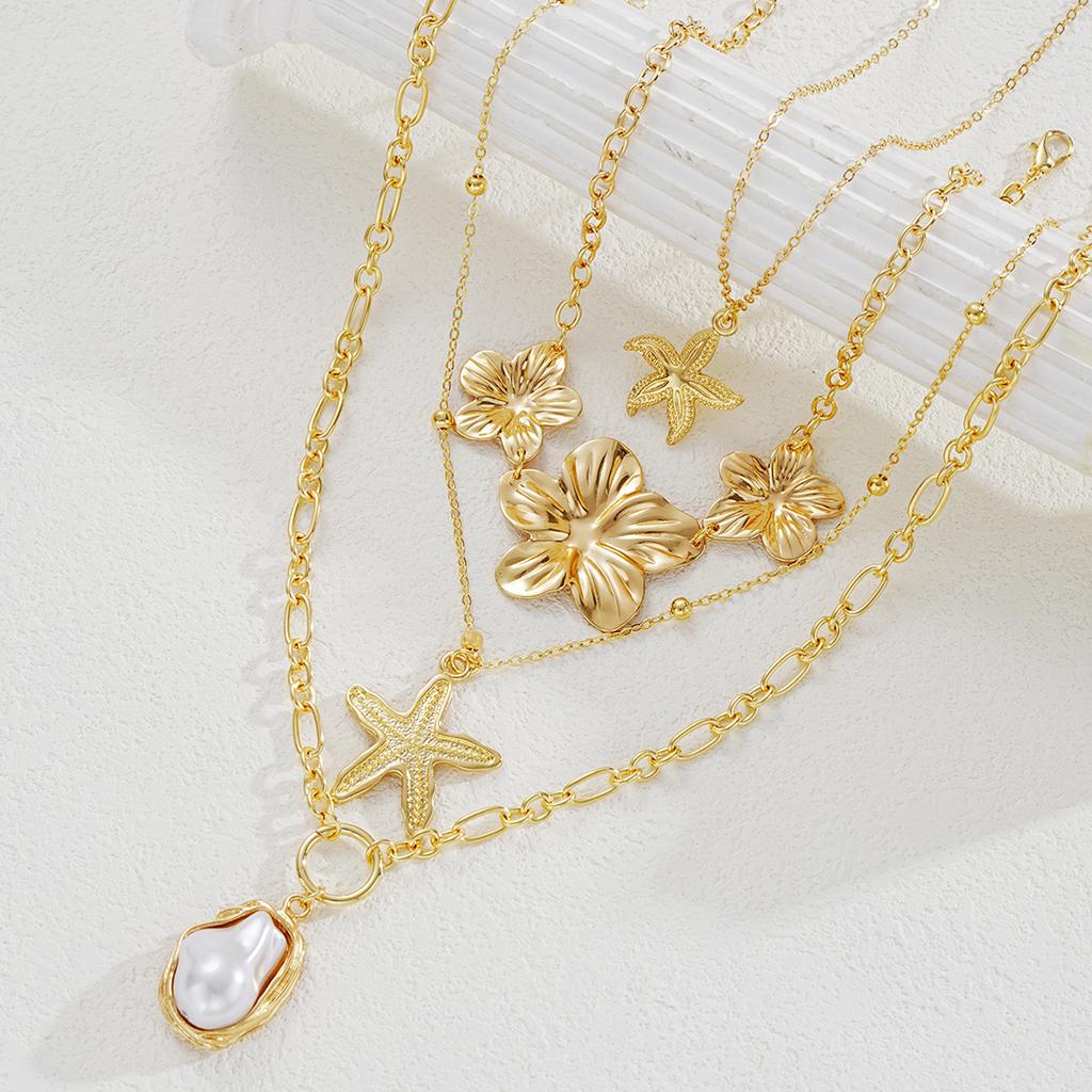 New Flower Starfish Imitation Pearl Pendant Necklaces for Women Fashion Gold Color Multilayer Necklaces Sets Party Jewelry Gifts