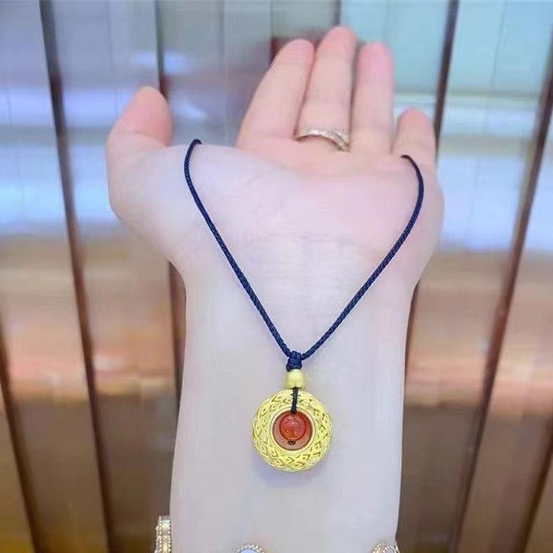 Phoenix Feather Circle Pendant: Vietnamese Sand Gold Filigree Peace Buckle with Red Rope, Unisex Chinese Style Necklace.