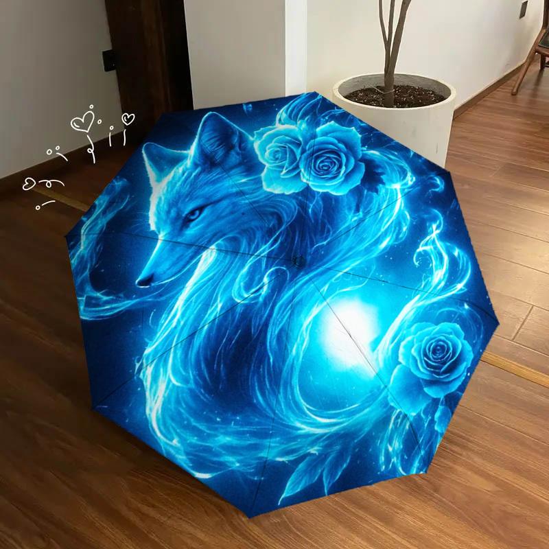 1pc Wolf and Roses Umbrella - Automatic Open/Close Compact Travel Umbrella with Wolf Howling & Blue Roses, Reinforced 8-Rib Fr