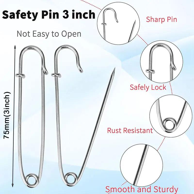 5/10/20PCS Extra-Large Steel Safety Pins 75mm(3") Heavy Duty Big Safety Pin Stainless Steel Spring Lock Pins for Clothes Crafts