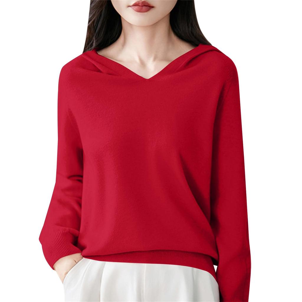 Women's Fashion Long-Sleeved -Colour V-Neck Hooded Knitted Sweater Warm Sweatshirt Knitwear