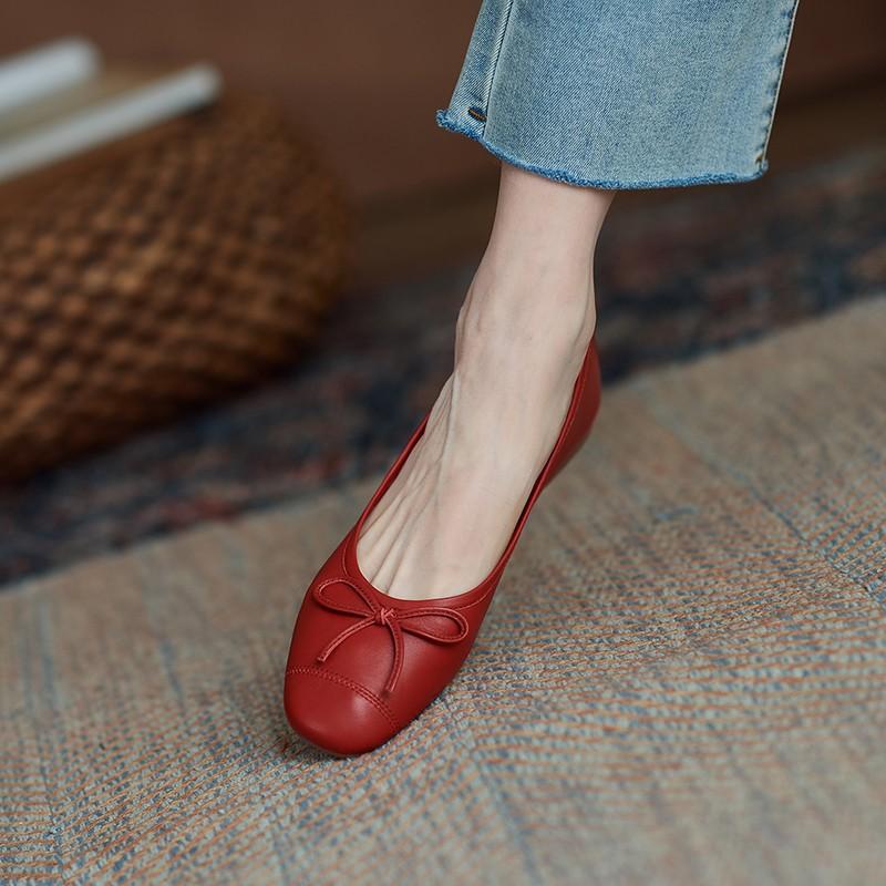Soft leather single shoes women's spring and summer new round head soft sole Mary Jane flats bow light mouth ballet small red shoes