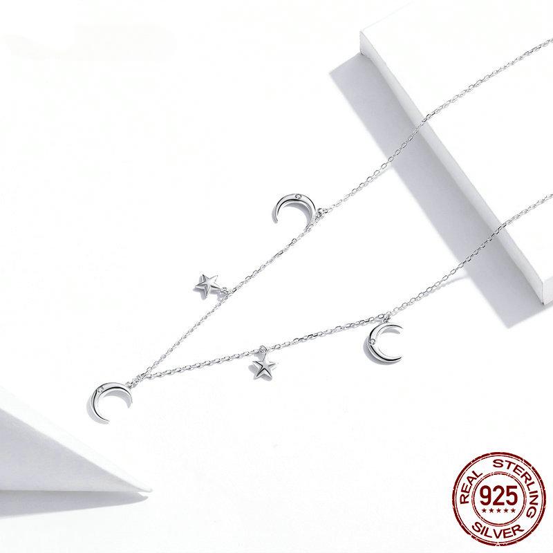 Sterling Silver 925 Moon & Star Pendant Necklace for Women Chain Necklaces Jewelry