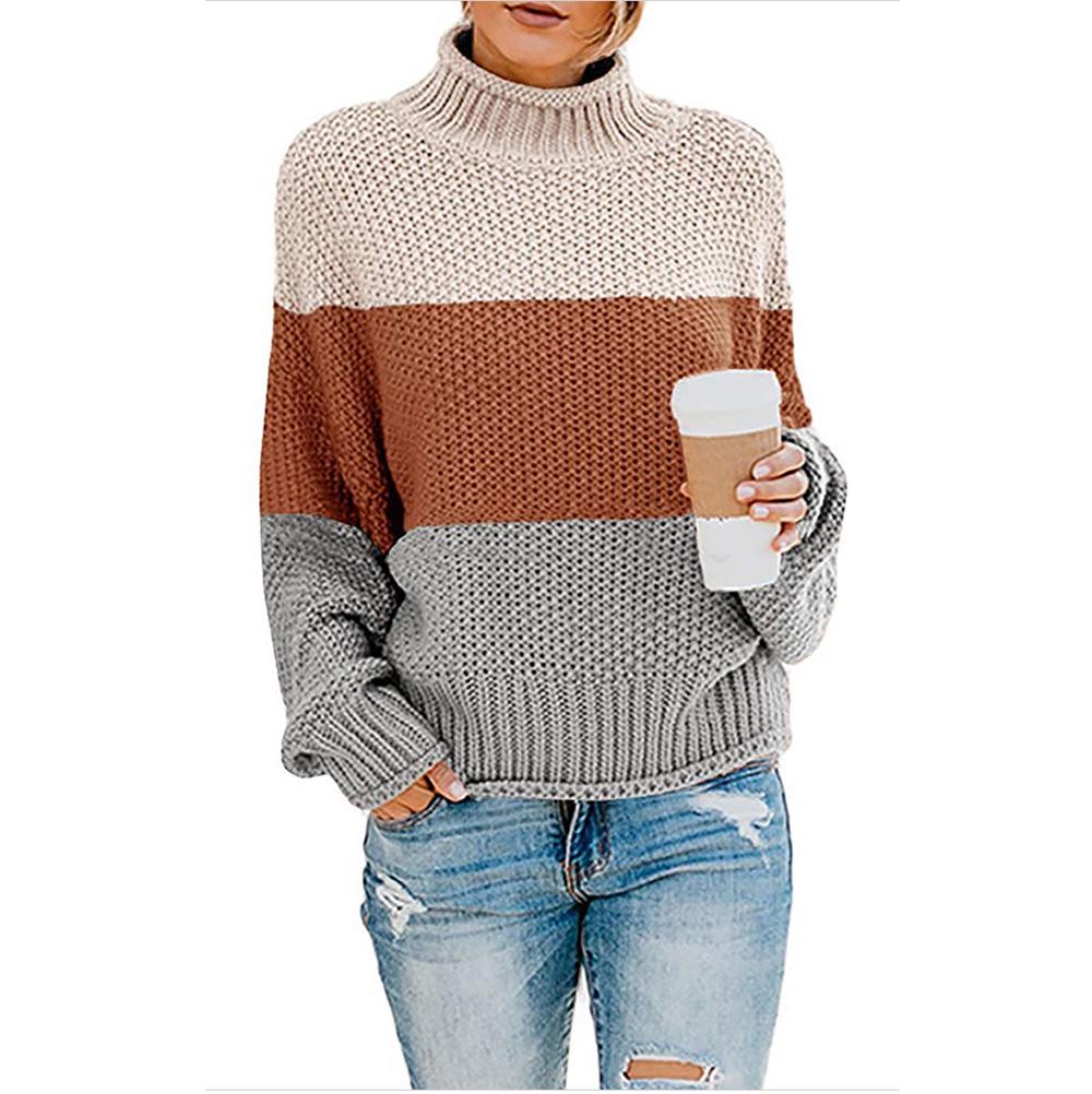 2025 Cross-border Women's Thick Knit Color Block High Neck Sweater Pullover