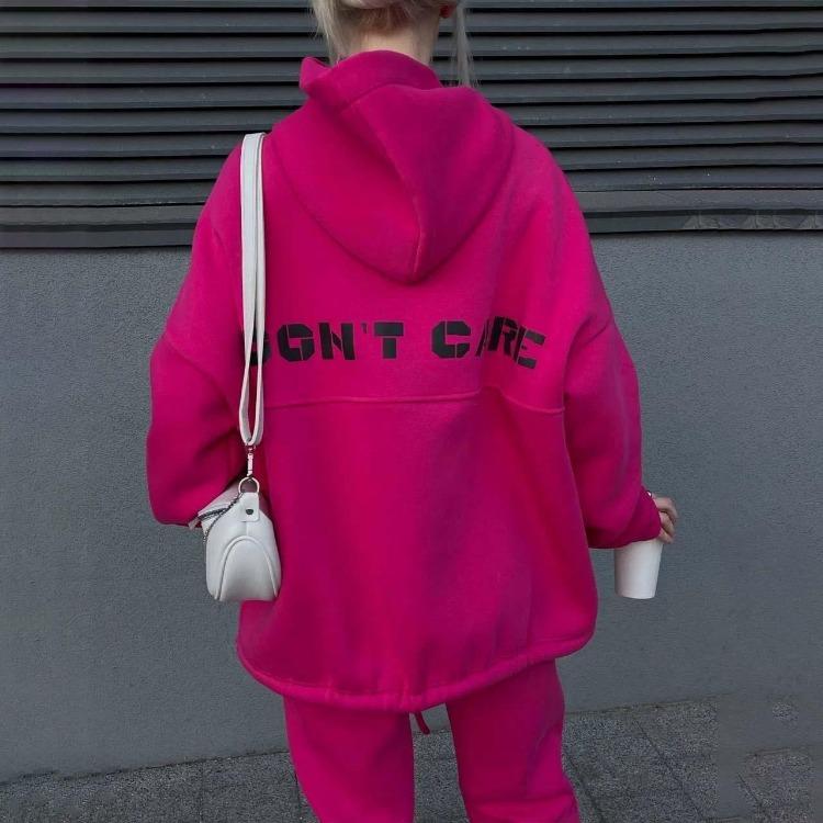 Women Autumn Winter Loose Hooded Long Sleeve O Neck Hoodies Suit with Printed Top and Wide Leg Pants