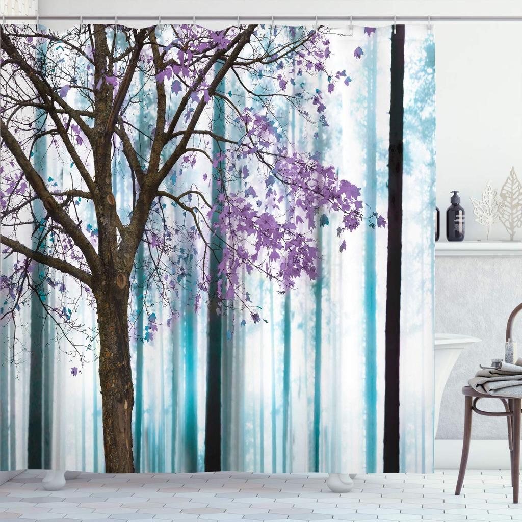 Autumn Shower Curtain,Fall Season Theme Forest Tree Leaves on An Abstract Woodland Background Bathroom Curtains with Hooks