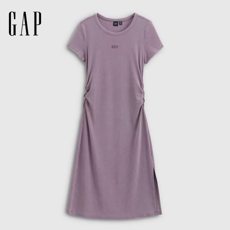 Gap Women's Embroidered Logo Pleated Waist Round Neck Short Sleeve Dress