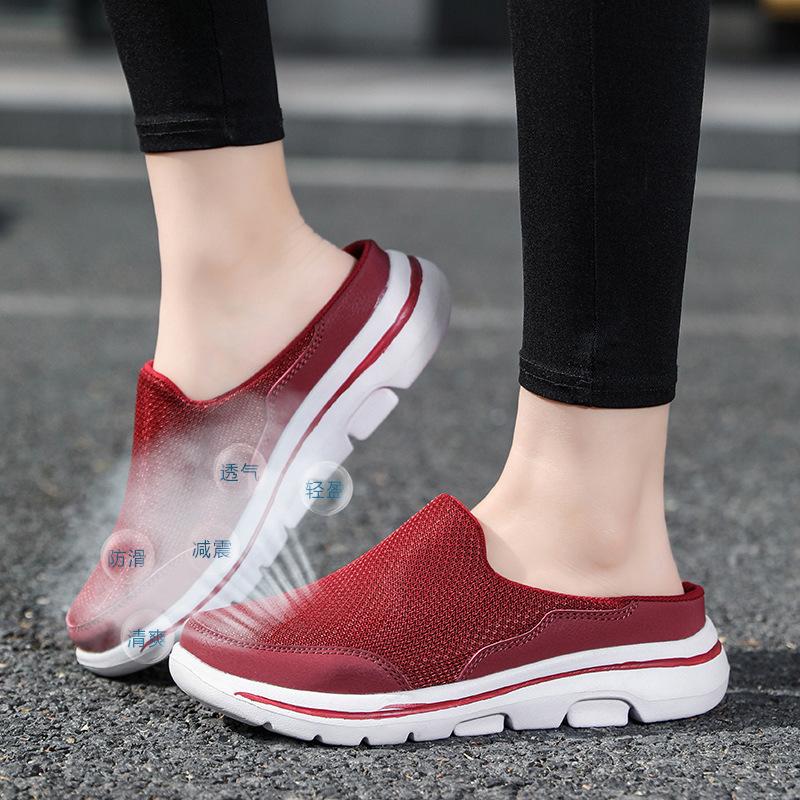New Casual Shoes For Women's Half-Stopping Single Shoes For Women's Flat Sole One Foot Pedal Mesh Breathable Sandals Without Hee