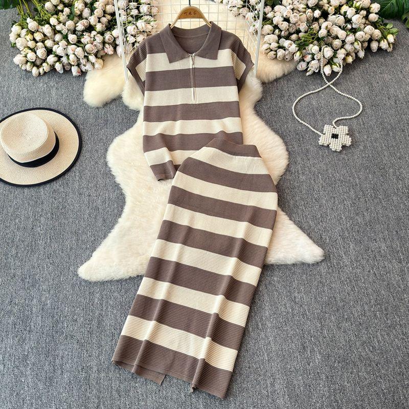 

Korean Style Casual Anti-Aging Outfits Women s Loose Easiest for Match Polo Collar Contrast Color Stripes Knitwear Skirt Women s Two-piece Set Coffee All yards