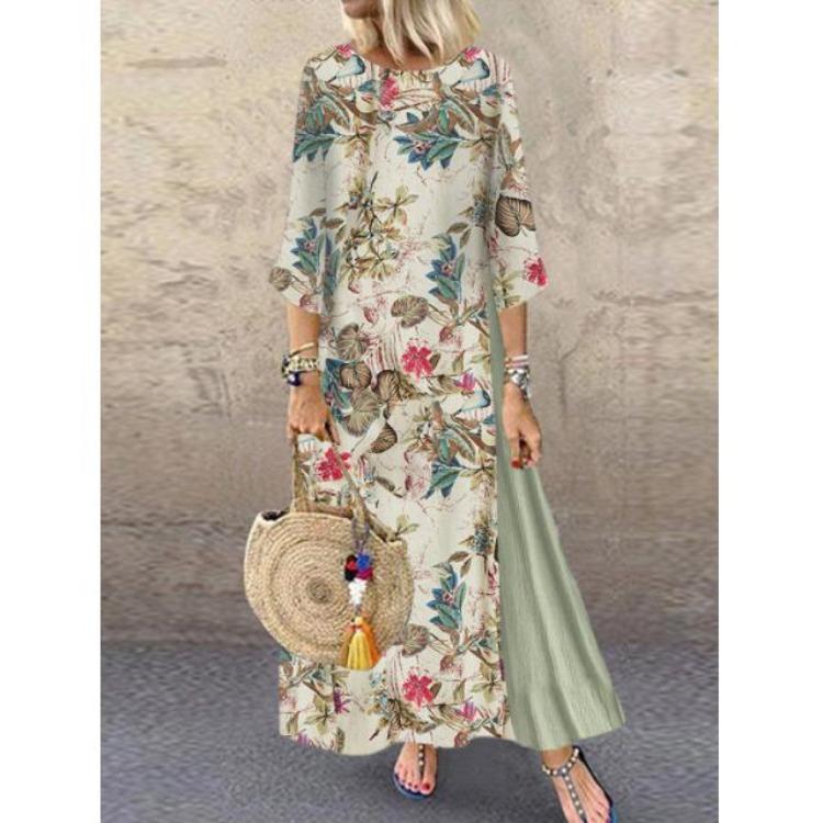 Women Autumn Winter Retro Floral Long Sleeve Swing Dress Round Neck Stitching Large