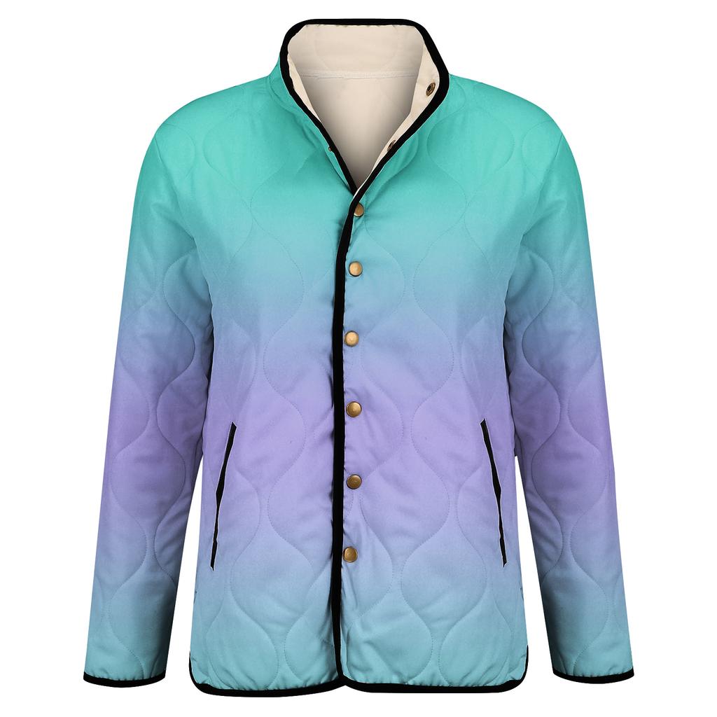 Ladies' Gradient Printed Stand Up Collar Pleated Cotton Long Sleeved Buttoned Cotton Jacket