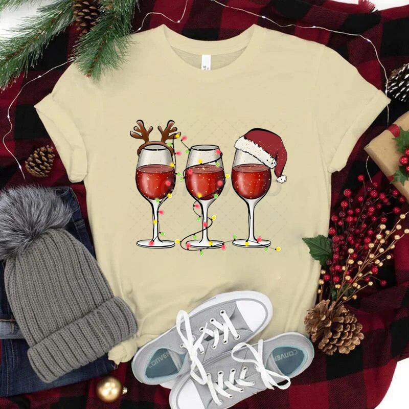 Women Wine Glass Christmas Hats T Shirt Lights Xmas Gifts Cartoon Top Happy New Year Tshirt Harajuku Fashion Womens Clothing