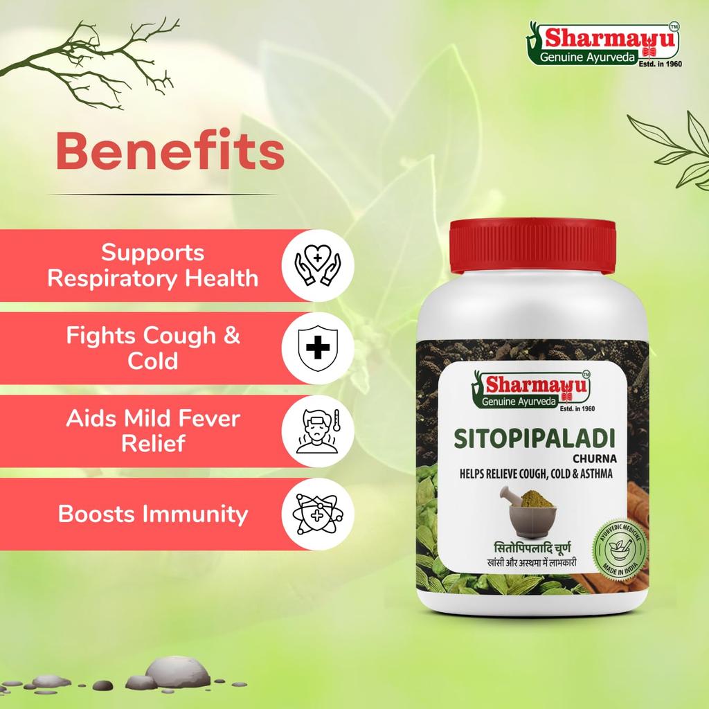 Sharmayu Sitopipaladi Churna | Ayurvedic Remedy for Cough, Cold & Asthma | Boosts Immunity | With Haritaki, Baheda & Amla | 100g