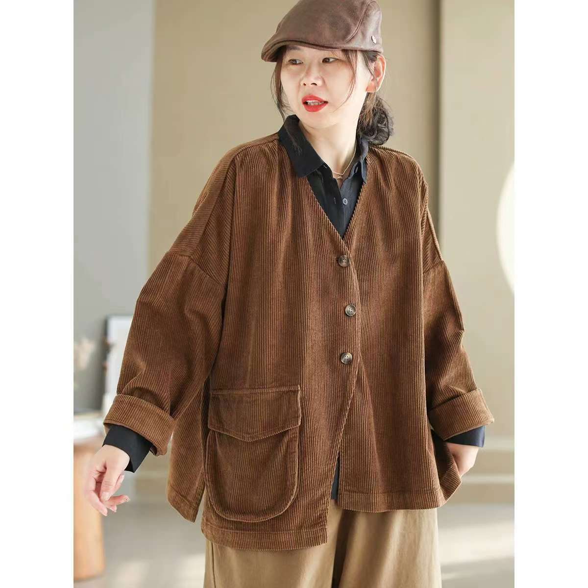 

Johnature Женское зимнее винтажное свободное повседневное пальто с V-образным вырезом, длинные рукава, однобортное однотонное ретро-пальто One Size кофейный