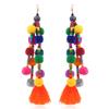 Retro contrasting pom-pom earrings, exaggerated personality, bohemian vacation long fringed temperament earrings for women