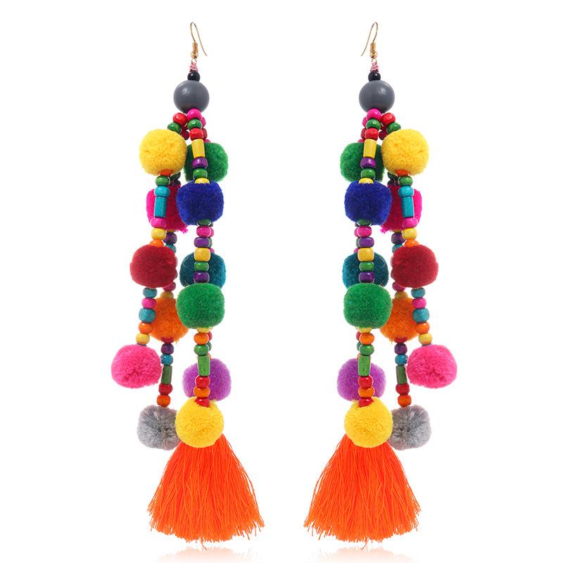 Retro Contrasting Pom-pom Earrings, Exaggerated Personality, Bohemian Vacation Long Fringed Temperament Earrings for Women