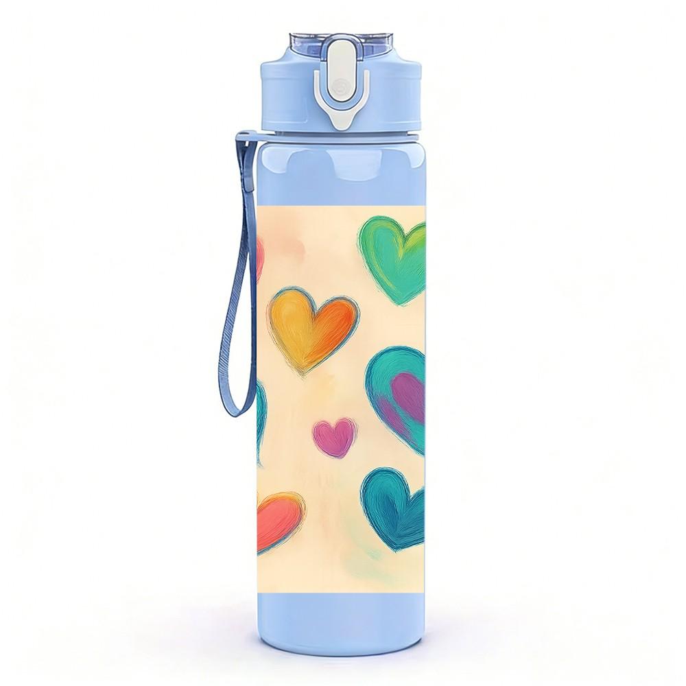 1PC Multicolored Hearts Pattern 750ml Color Plastic Sports Water Bottle Leakproof Flip Straw Lid Suitable for Sports Office Home Use